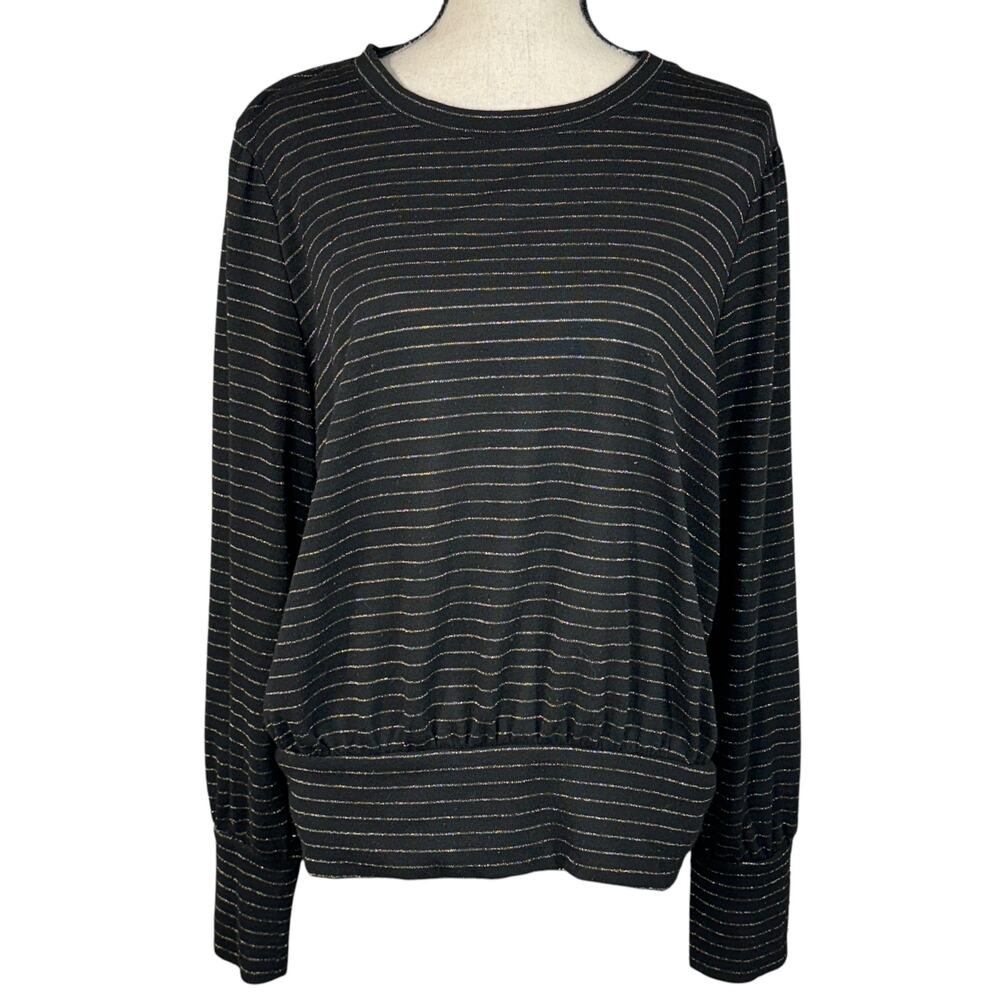 APT 9 X-Large Sweater Striped Round Neck Long Balloon Sleeves Stretch Gold Black